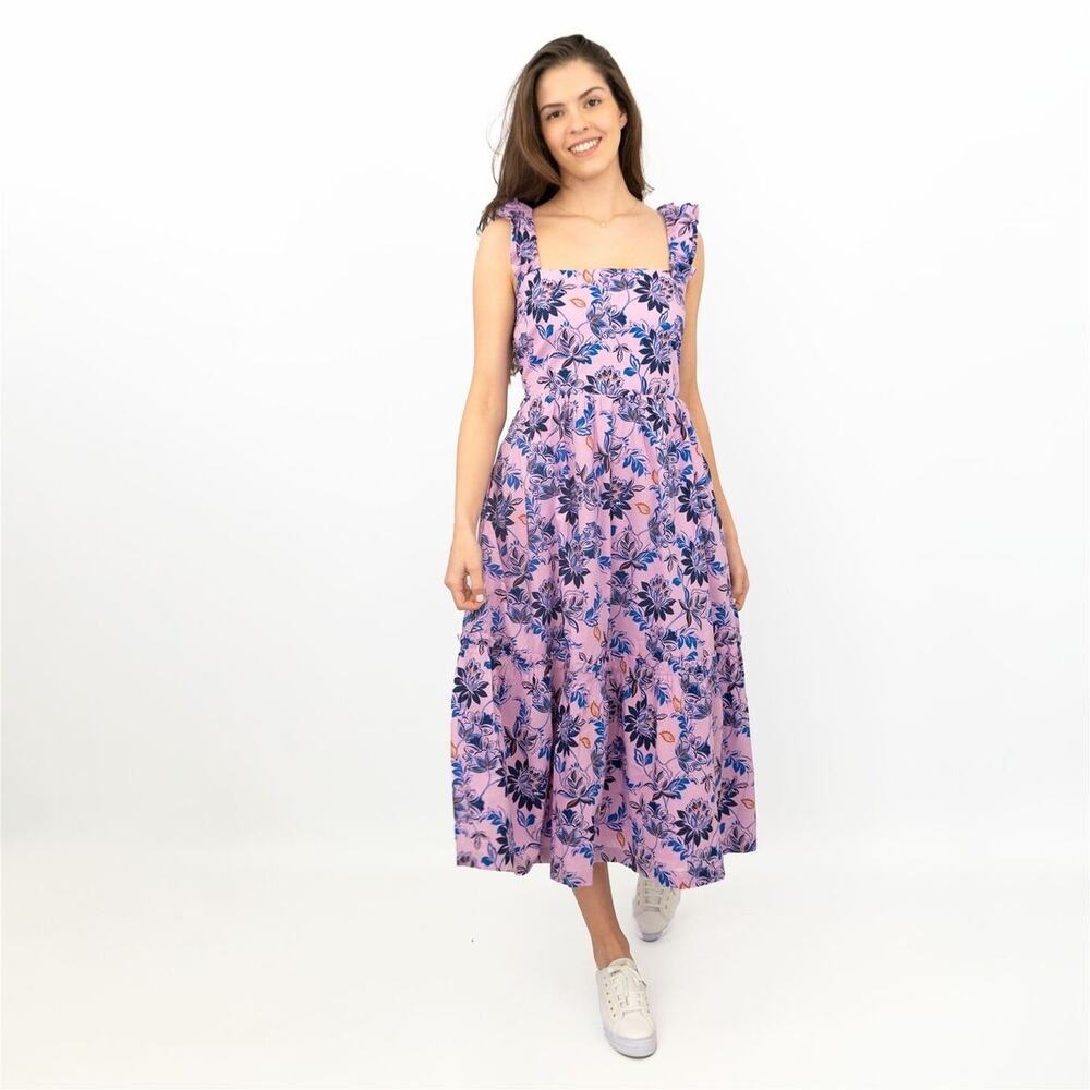 J.Crew Dress Purple Floral Print Square Neck Midi Smocked Broomstick Size 4‎
